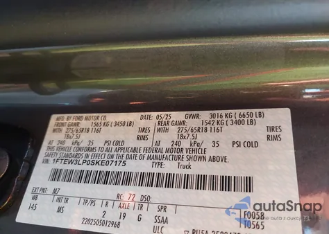 2025 Ford F-150 Xlt from USA, damaged, VIN 1FTEW3LP0SKE07175